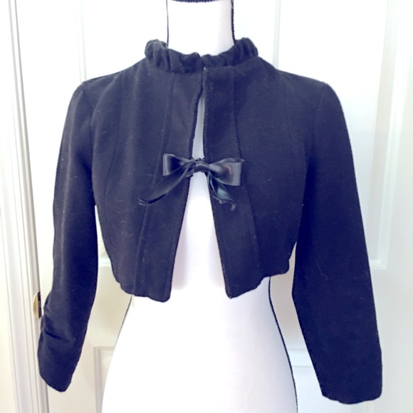 Last kiss wool bolero crop jacket coat blazer bow ribbon tie ruffle collar black - Picture 2 of 11